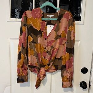 DR2 Women's Floral Tie-Front Blouse - Pink, Brown, Orange